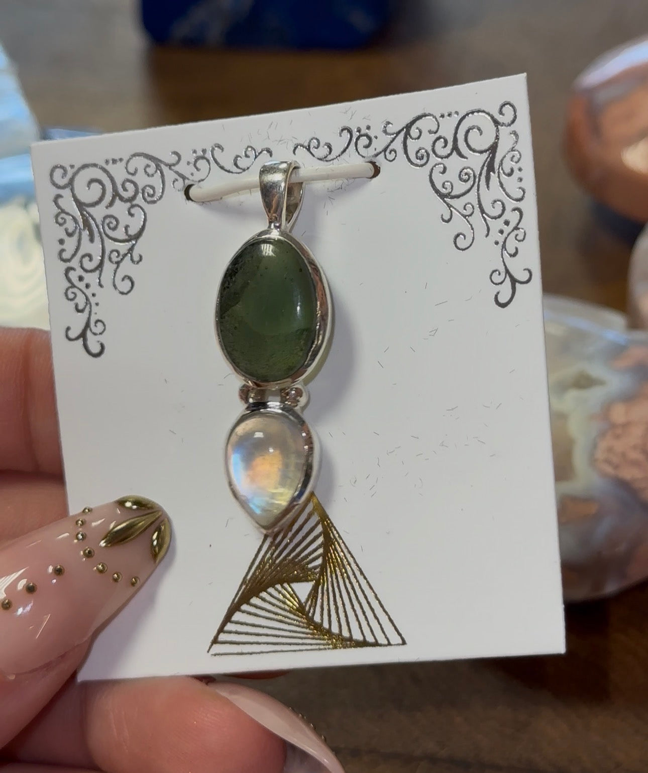 Rainbow Moonstone & Moldavite Pendant in 925 Silver