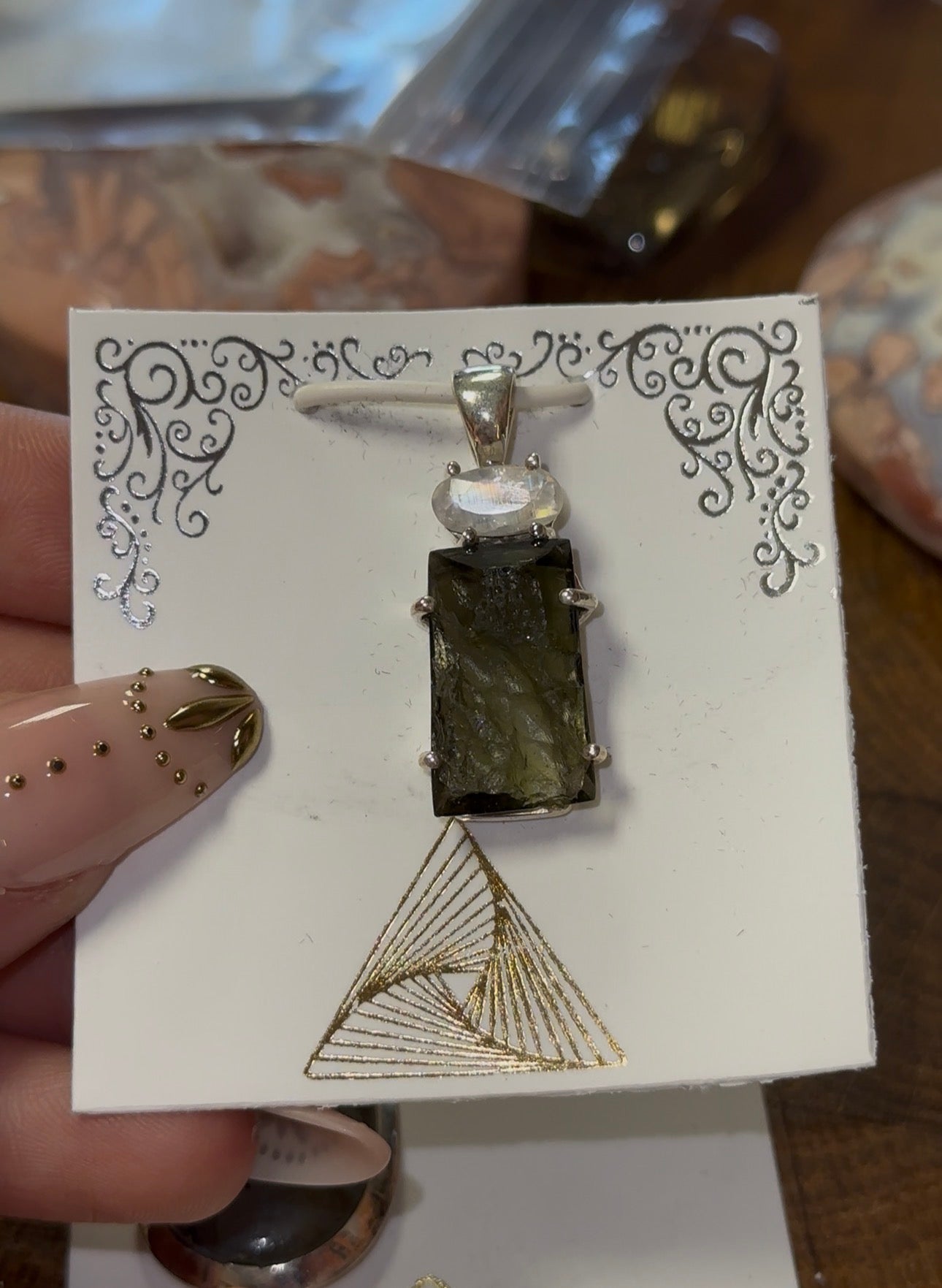 Rainbow Moonstone & Moldavite Pendant in 925 Silver