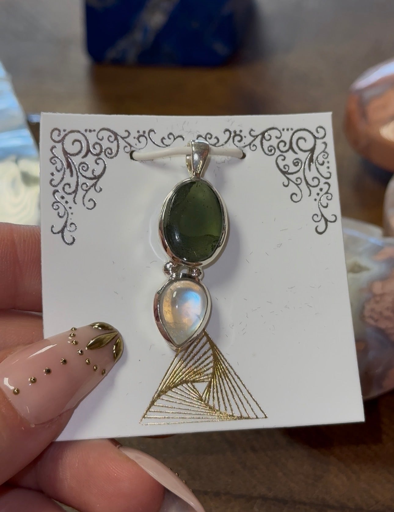 Rainbow Moonstone & Moldavite Pendant in 925 Silver