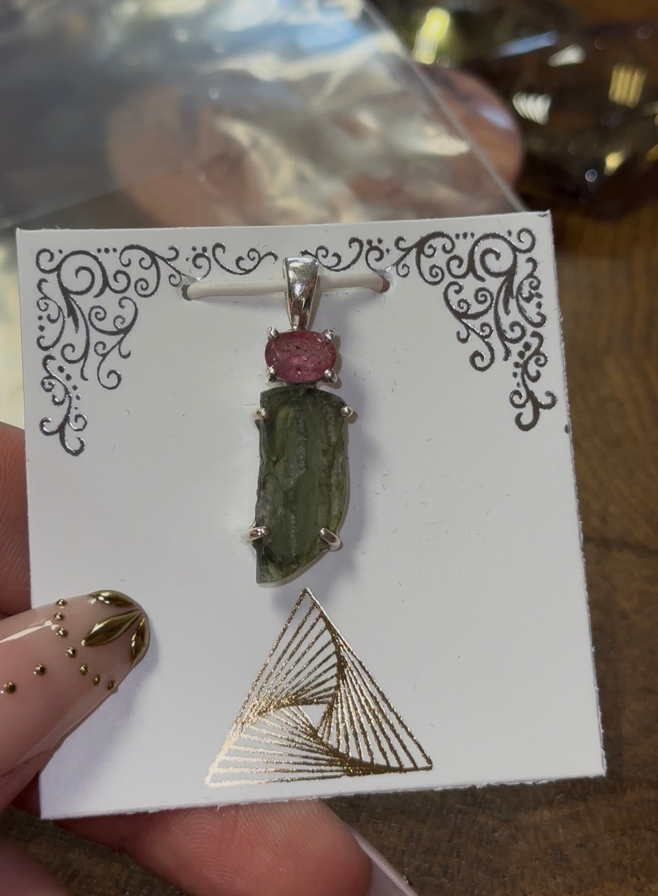 Pink Tourmaline & Moldavite Pendant in 925 Silver