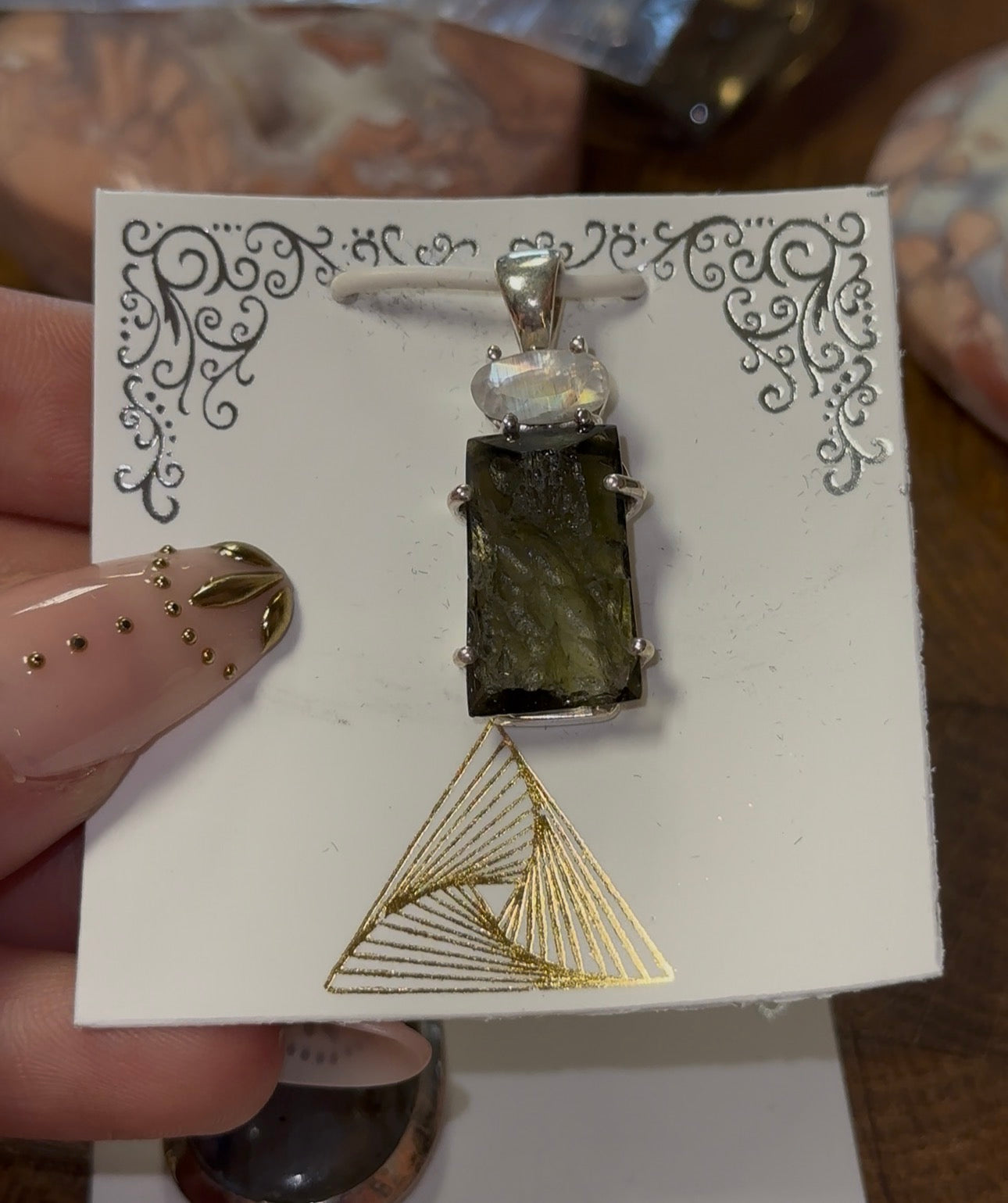 Rainbow Moonstone & Moldavite Pendant in 925 Silver