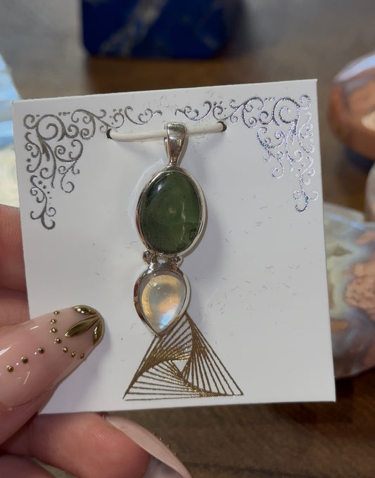 Rainbow Moonstone & Moldavite Pendant in 925 Silver
