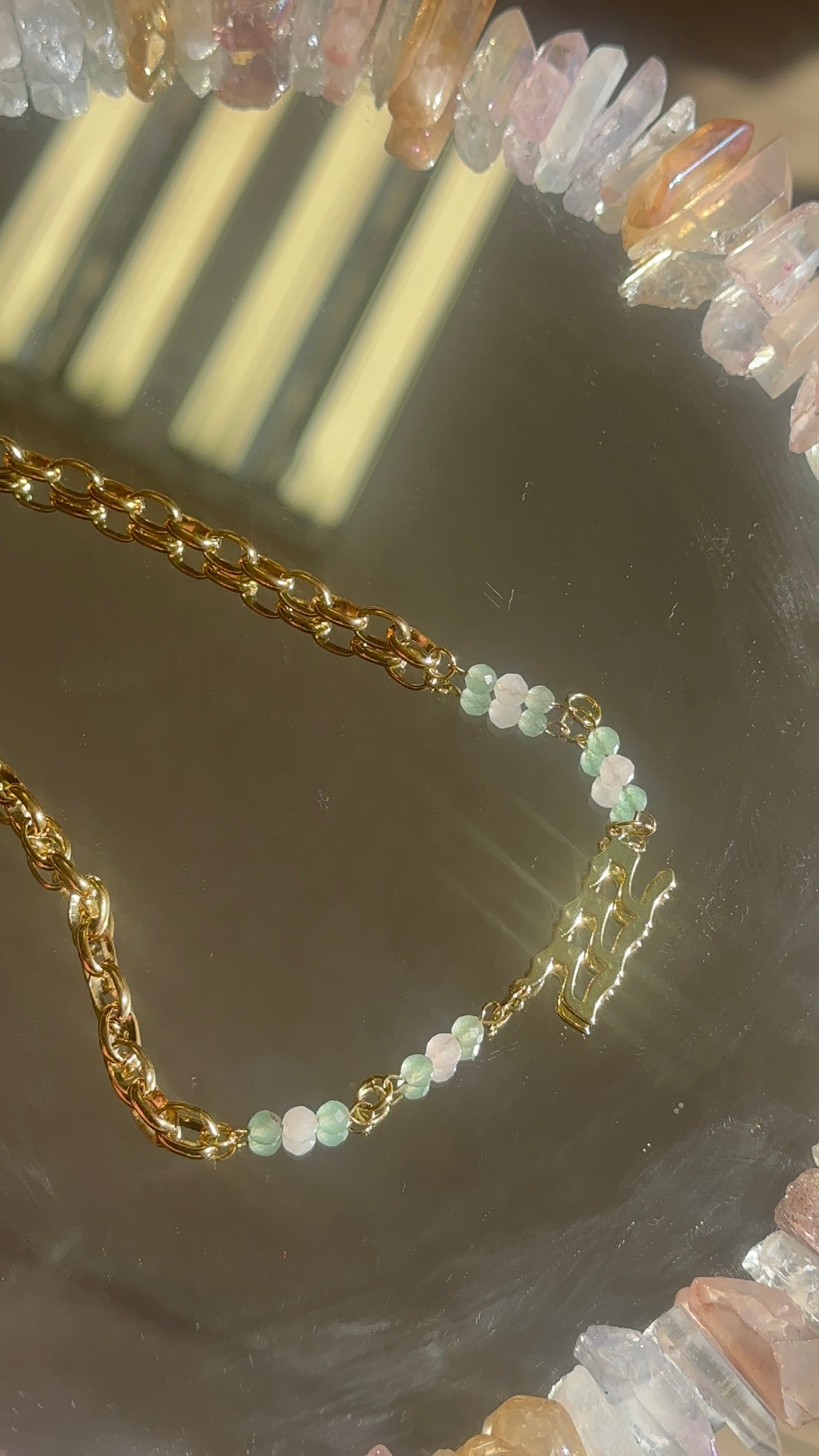 18k Gold Green Aventurine and Rose Quartz 444 Necklace