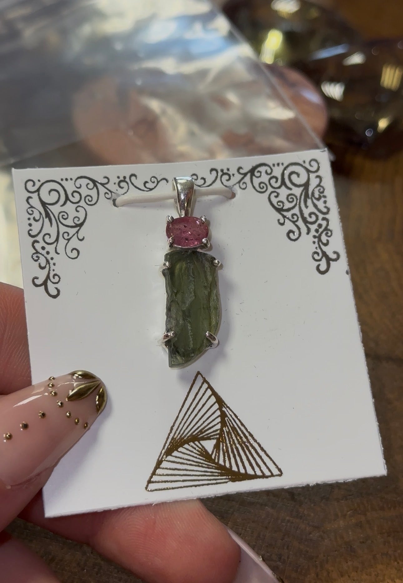 Pink Tourmaline & Moldavite Pendant in 925 Silver