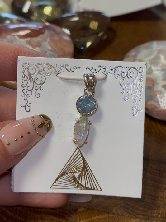 Aquamarine & Rainbow Moonstone Pendant in 925 Silver
