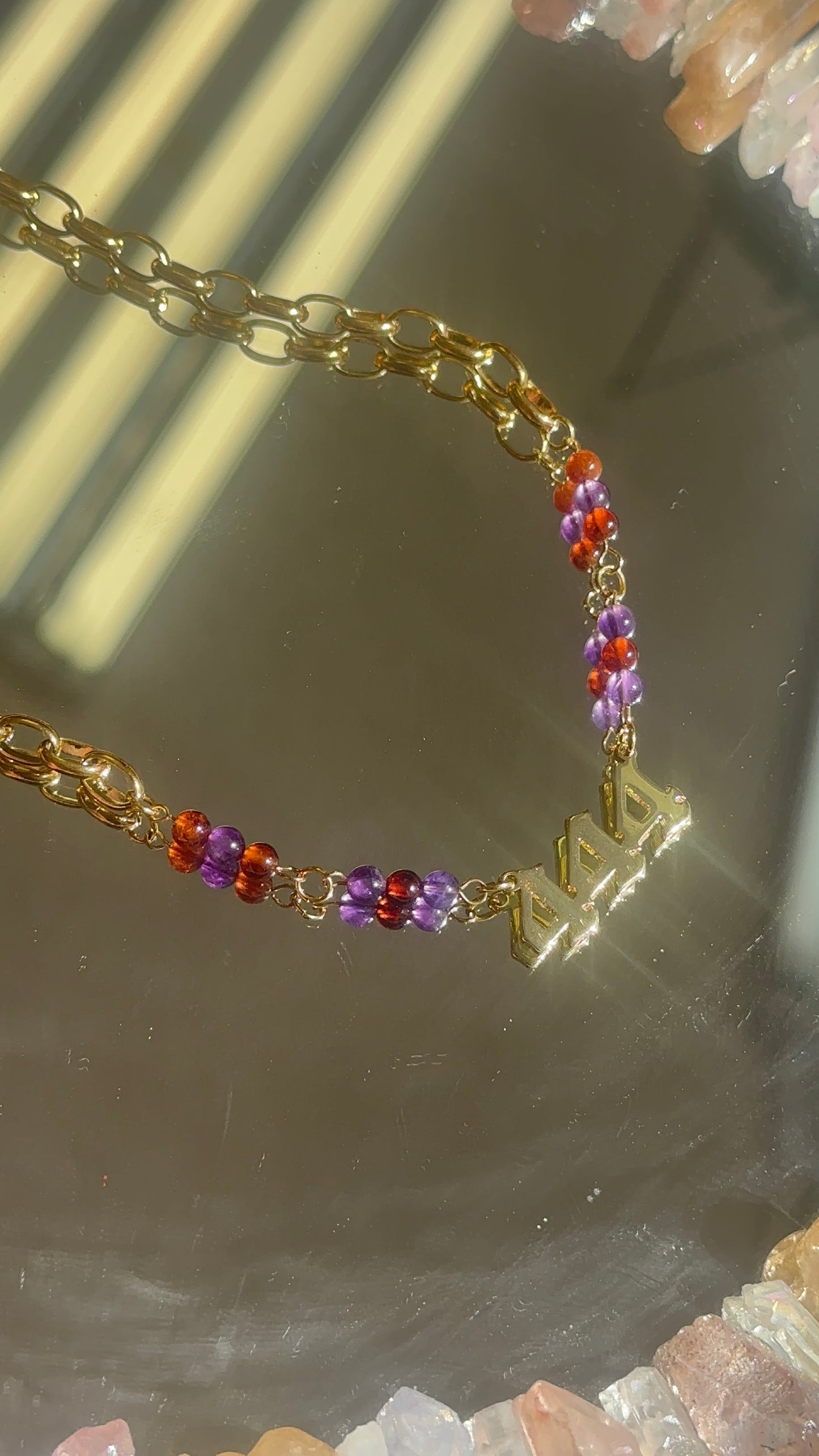 18k Gold Plated Spessartine Garnet and Amethyst 444 Necklace