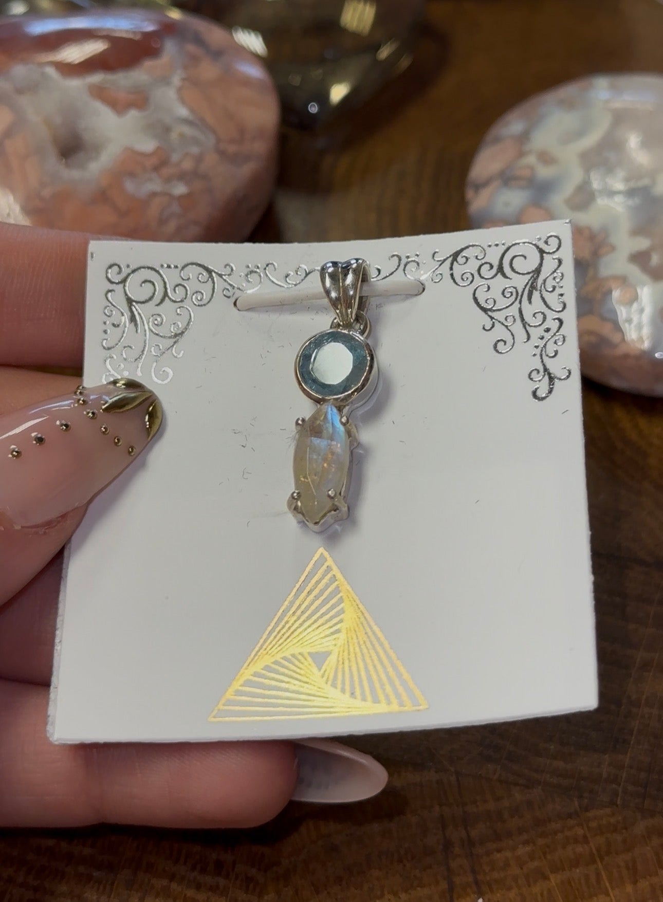 Aquamarine & Rainbow Moonstone Pendant in 925 Silver