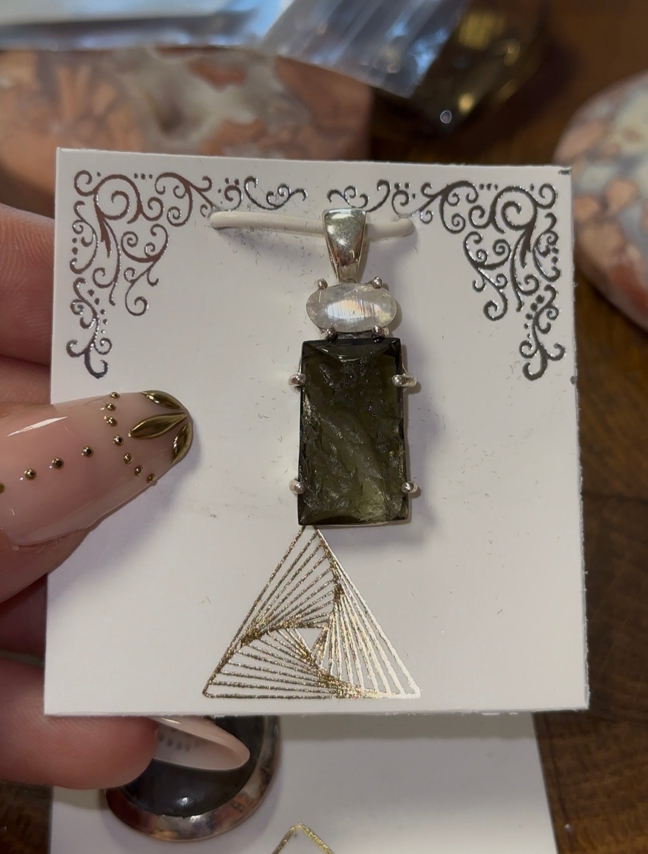 Rainbow Moonstone & Moldavite Pendant in 925 Silver