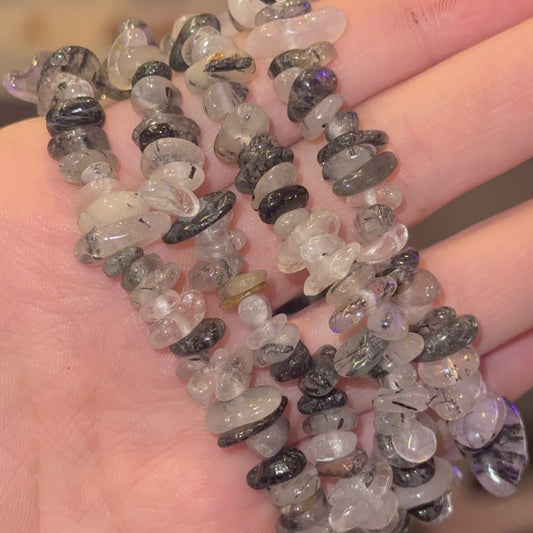 Black Tourmaline in Clear Quartz Chip Bracelet